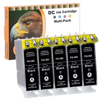 Imagen del producto de Cartuchos de tinta s compatibles D&C 5 x 28 ml para Canon PGI-5 BK, compatibles con los modelos Canon Pixma MP520x, MP530, MP600, MP600r, MP610, MP800, MP800r, MP810, MP830, MP970, MX700, MX850, iP3300, iP3500, iP4200, iP4200x, iP4300, iP4500