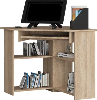 Image de Bureau d'angle en chêne Sonoma, avec étagères et plateau coulissant pour clavier