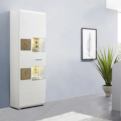 Produktbild von Vitrinenschrank weiß Eiche Absetzungen FARO-36 mit Beleuchtung, B/H/T: ca. 65/205/37 cm