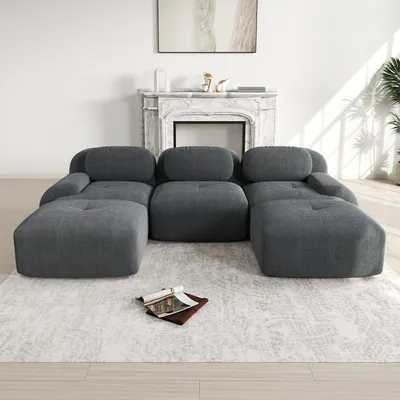 Produktbild von Cordstoff-U-Sofa, rahmenloses Modulsofa, ohne Montage, extra-breite Armlehnen, 298 x 178 x 75 cm, Grau