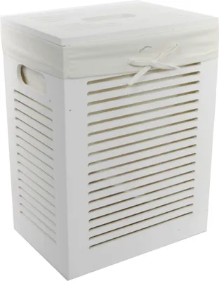 A white wooden laundry basket with a fabric lid and tie.