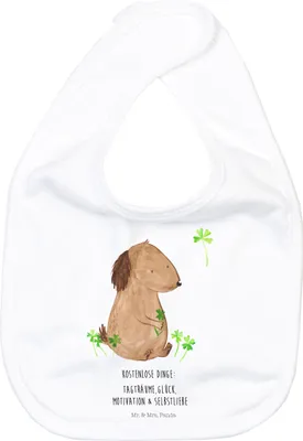 Produktbild von Mr. & Mrs. Panda Lätzchen Hund Kleeblatt - Weiß - Geschenk, Kinderlätzchen, Gratis, Babylätzchen, Sabber, Glück, Liebe, Sprüche, Schlabberlatz, Für Babys