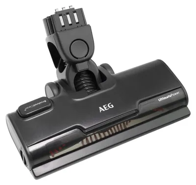 A close-up, studio shot of a black vacuum cleaner brush head.