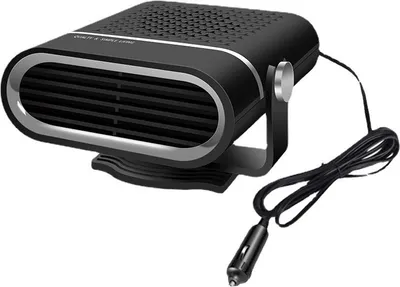 A black car heater with a silver trim and a black power cord with a car cigarette lighter plug.