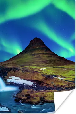 Produktbild von MuchoWow® Poster Nordlicht - Sternenhimmel - Island - Berg - Grün - Wasserfall - See 120x180 cm - Kunstposter