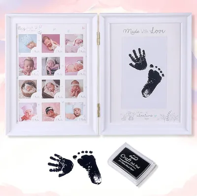 Produktbild von Baby Handabdruck Fußabdruck Fotoalbum Faltbar Zweifach Weißer Fotorahmen Auffüllbares Stempelkissen Erstes Jahr Wachstumsrekord Perfektes Babygeschenk