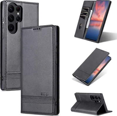 A collage of images showing a black leather phone case for a Samsung Galaxy S23 Ultra, with different angles and views.