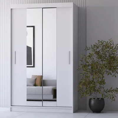 Produktbild von Schwebetürenschrank Kleiderschrank  Schrank 120cm Weiß/Weiß mit zwei Spiegeln Neomi 01