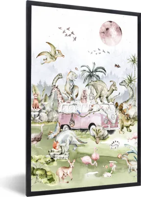 Produktbild von MuchoWow® Gerahmtes Poster Dinosaurier - Kinder - Bus - Bäume - Tiere - Kinder 40x60 cm - Poster mit Schwarzem Bilderrahmen Wandposter Rahmen Foto Bilder - Papierdruck - Wandbilder