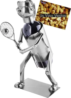 Immagine prodotto di Portabottiglie a forma di giocatore di tennis - Scultura in metallo per bottiglie - Regalo a tema vino per appassionati di tennis, con biglietto di auguri