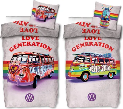 Two bedding sets featuring Volkswagen Bulli vans with rainbow and "Love Generation" motifs.