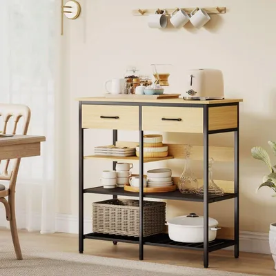 Immagine prodotto di MODFU cassettiera armadio cucina credenza con 2 cassetti, ripiano in piedi con piedini regolabili, cassettiera cucina buffet con 3 ripiani aperti, legno naturale