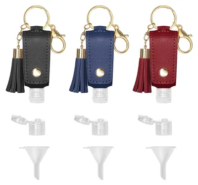 Image de 3 flacons de voyage réutilisables avec porte-clés et étui en cuir