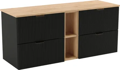 Obrázek produktu pro WENA Skříňka pod umyvadlo 140 cm, žebrovaná čela, kovové úchytky ve zlaté barvě (barva: černá, dubová dřevěná deska a police)
