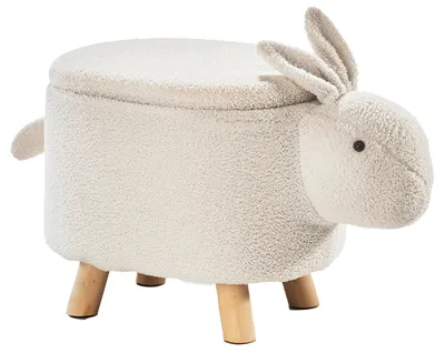A white, fluffy bunny-shaped ottoman with wooden legs is shown against a white background.
