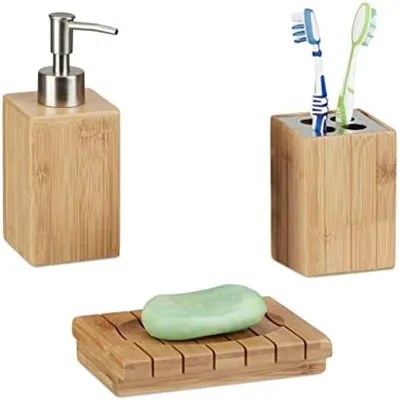 Produktbild von PolkaHome® Bambus-Badzubehör-Set mit 3 Teilen, Seifenspender, Seifenschale und Zahnbürstenhalter, Naturfarbe