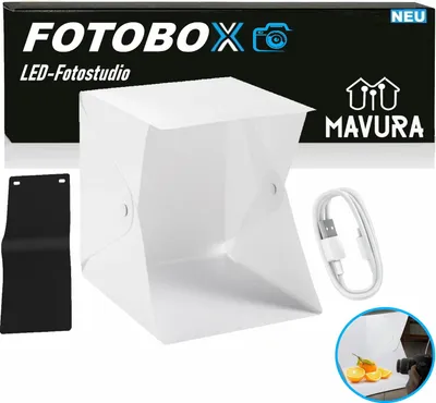 Fotobox 80 x 80 x 80 cm mit dimmbarer LED-Beleuchtung und 4 Farbhintergründen
