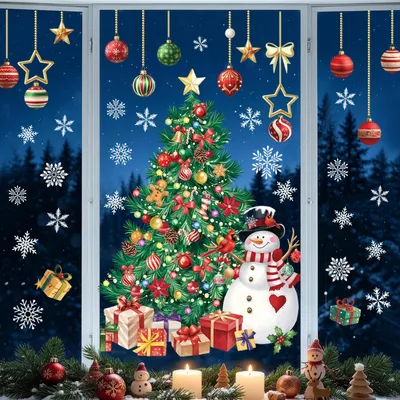 Zdjęcie produktu dla Naklejki na okno dekoracja okien - Choinka i bałwan - Wielorazowy winyl - 2 arkusze - 108 x 100 cm
