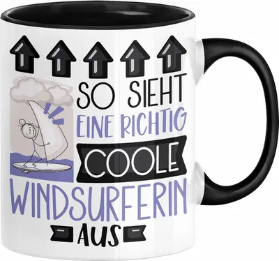 Produktbild von Windsurferin Geschenk Tasse Geschenkidee für Windsurferin Geburtstag Weihnachten Spruch So Sieht Eine Richtig Coole Windsurferin Aus Kaffee-Becher  (Schwarz)
