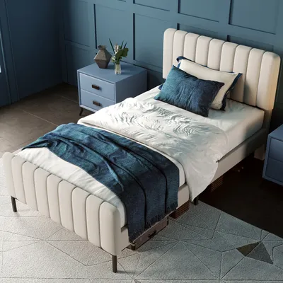 A bedroom scene with a single bed, nightstand, and accent wall.