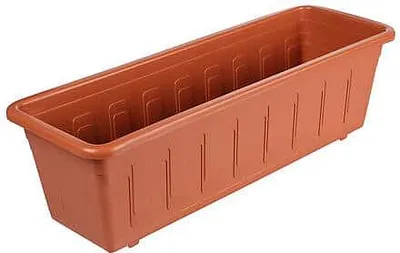 A terracotta-colored plastic planter box is shown against a white background.