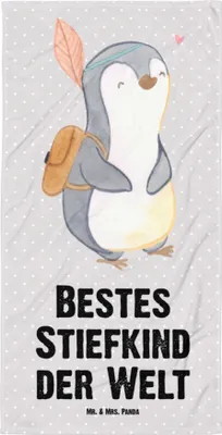 Produktbild von Mr. & Mrs. Panda Strandlaken Pinguin Bestes Stiefkind der Welt - Grau Pastell - Geschenk, Reisehandtuch, Badelaken, Geburtstag, Geburt, Liebling, Taufe, Sohn, Strandtuch