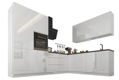 Produktbild von Winkelküche 280 x 220 cm Eckküche Küchenblock Einbauküche ohne Arbeitsplatte, Aspen KA3-M280, Weiß/Hochglanz