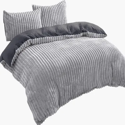 Produktbild von Teddy Plüsch Bettwäsche 200x220 cm Winter Bettbezug Cord Optik Streifen Flauschig warm Grau 3 teilig