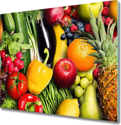 Produktbild von Glas Herdabdeckplatte 60x52 cm Spritzschutz Glasabdeckplatte Schneidebrett Gemüse und Früchte