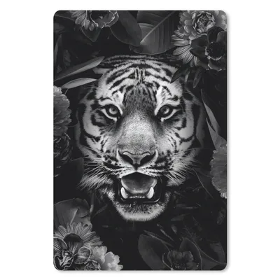 Produktbild von MuchoWow® Mauspad Mousepad Tiger zwischen den Blumen - schwarz und weiß 40x60 cm - Mousepads - Maus Mat - Pad - Mausunterlage - Schreibtisch Accesoire