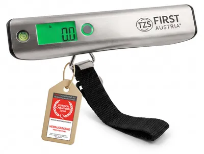 Produktbild von TZS First Austria - Tragbare Digitale Kofferwaage - bis 50 kg, Einheiten kg/g/lb/oz - Reisegepäckwaage mit Tara-Funktion, Überlastungsanzeige, Maßband, Wasserwaage & grünem LCD-Display - Edelstahl