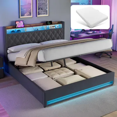 Produktbild von STILVORA Jugendbett 180×200 mit Matratze Polsterbett mit USB Steckdose mit Kopfteil & Stauraum Funktionbett Grau
