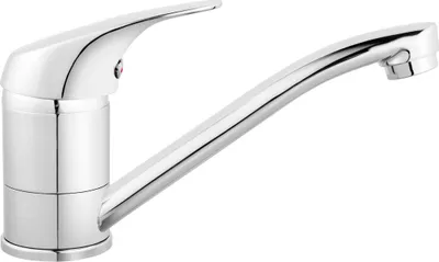 A chrome-finished faucet with a single lever handle and a curved spout, isolated on a white background.
