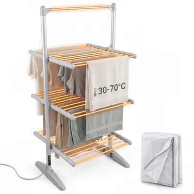 Beheizter Wäscheständer 4 Ebenen, 30–70 °C, Timer, 73×70×147 cm, grau