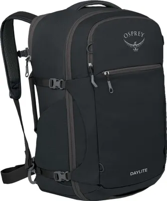 A black Osprey Daylite travel backpack is shown against a white background.