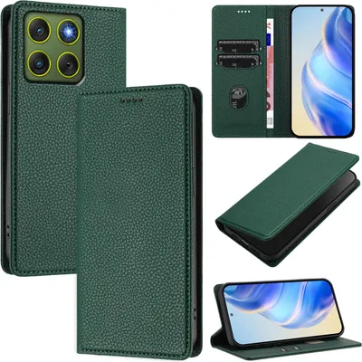 Obrázek produktu pro Kožené pouzdro pro Motorola Edge 70, Litschi kůže, peněženkové pouzdro s přihrádkami na karty a stojánkem Zelený