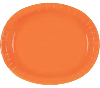 Produktbild von Set aus 8 ovalen orangefarbenen Einweg-Papptellern, 25,4 x 21,12 cm groß