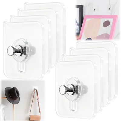 Produktbild von Selbstklebende Fotohaken zum Aufhängen von Fotos ohne Bohren, selbstklebende Haken für Bilderrahmen, transparente selbstklebende Aufhängehaken für Fotos, Poster, Gemälde (8 Stück)