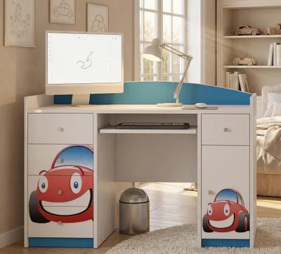 Produktbild von Happy Babies Computertisch mit Tastaturablage, Bürotisch mit Tastaturablage, 5 Schubladen, 1 Ablage, 125x89x60, Motive, Aufkleber zur Auswahl, Kinder