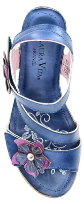 Produktbild von Laura Vita Damen Sandalette unifarbene Riemen Blumendekor HACEO 15, Größe:39 EU, Farbe:Blau
