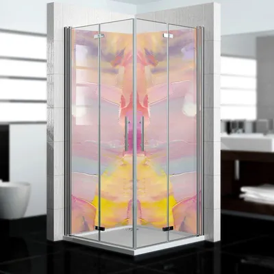 Produktbild von dedeco Eck-Duschrückwände Aluminium wasserfest Motiv: Kunst V3, 2 x 90x200x0,3cm, Badrückwand, Fliesenersatz fugenlos Wandverkleidung Wandpaneele,  Germany
