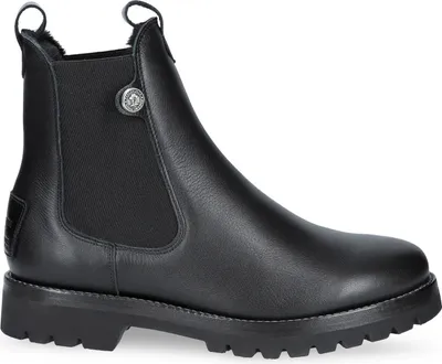 A single black leather boot is shown against a white background.