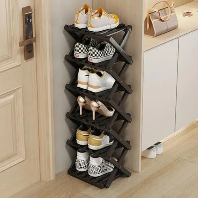Image de Étagère à chaussures noire, 6 niveaux, en bambou, pliable, autoportante, dimensions : 27 x 26 x 93 cm