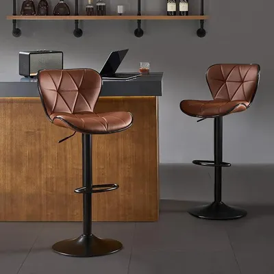 Imagen del producto de Conjunto de 2 taburetes de bar, modernos taburetes giratorios a la altura de la barra, sillas de bar de cuero ajustables con respaldo, taburetes de bar acolchados sin reposabrazos, sillas para isla de cocina, color marrón