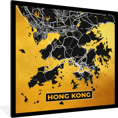 Produktbild von MuchoWow® Gerahmtes Poster Hongkong - Gold - Stadtplan - Karte 40x40 cm - Poster mit Schwarzem Bilderrahmen Wandposter Rahmen Foto Bilder - Mit Rahmen - Wanddekoration Schlafzimmer