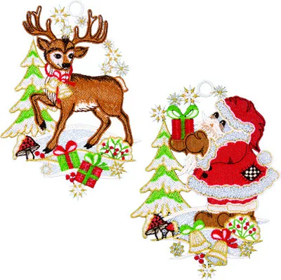 Produktbild von Fensterbild "Weihnachtsmann und Hirsch", 2er Set, farbig, 16 x 21 cm und 15 x 21 cm, Plauener Spitze