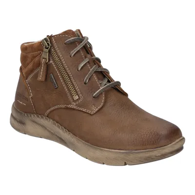 A single brown leather boot is shown against a white background.