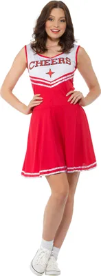 A woman wearing a cheerleader costume.