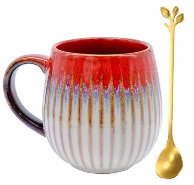 Immagine prodotto di Tazza da caffè in Vetroceramica, 500 ml, con cucchiaino, stile vintage, colore rosso