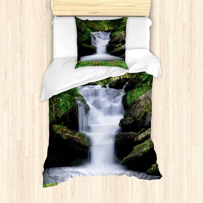Zdjęcie produktu dla ABAKUHAUS Zestaw pościeli z motywem wodospadu, sen jak obraz wodospadu z drzewami i kwiatami w lesie Matka Natura, 135 x 200 cm + 80 x 80 cm, zielono-biały
